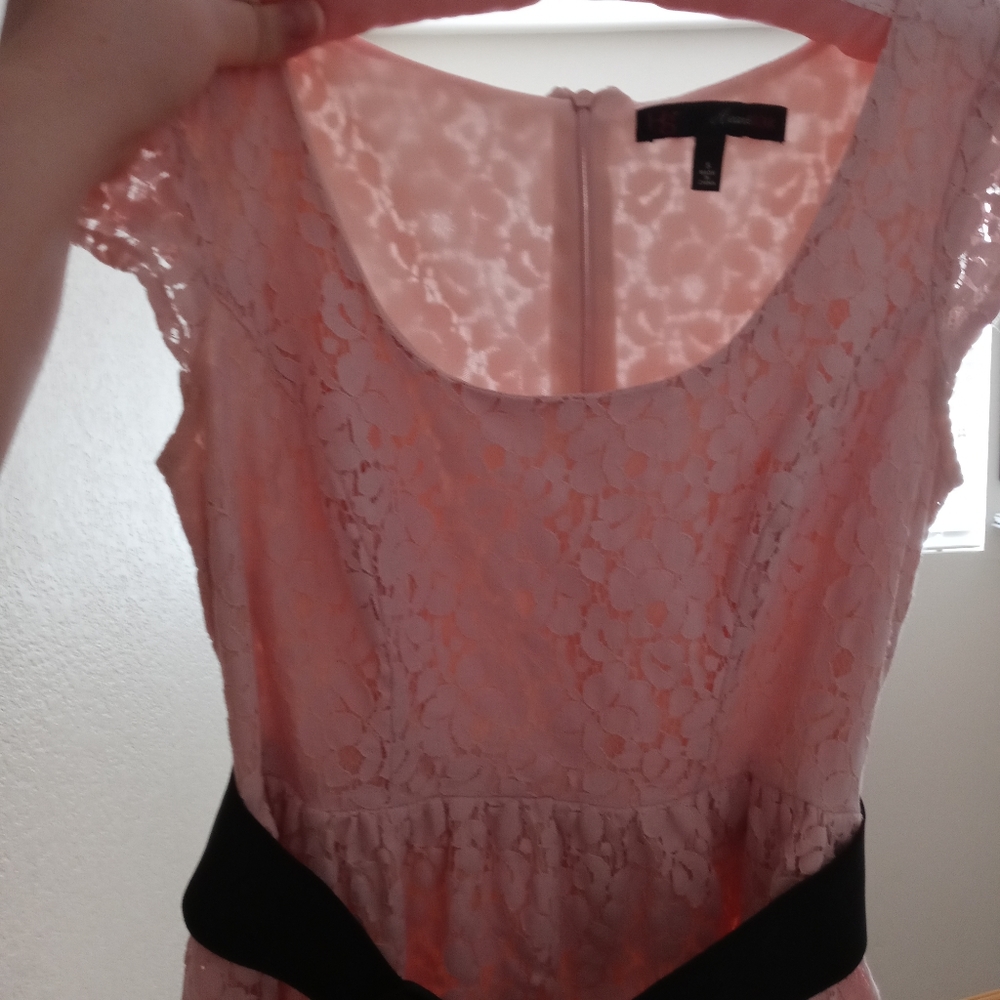 Pink Lace Crochet Dress With Bow Belt
